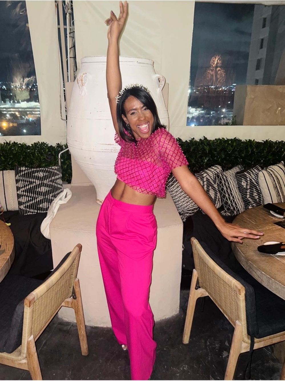LA Made Hot Pink Beaded Sheer Crop Top - Picture 4 of 4